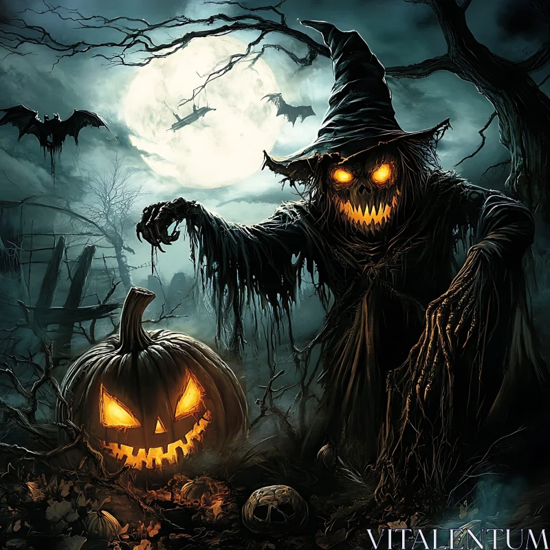 AI ART Halloween Scarecrow and Glowing Pumpkin