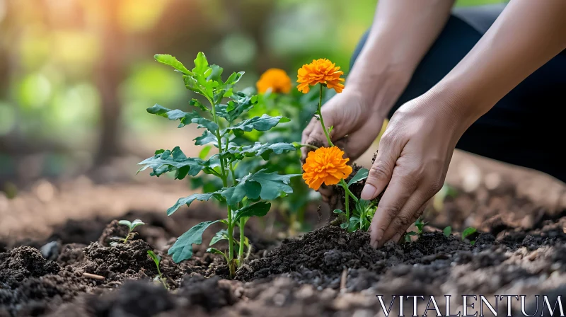 Hands Planting Orange Flowers AI Image