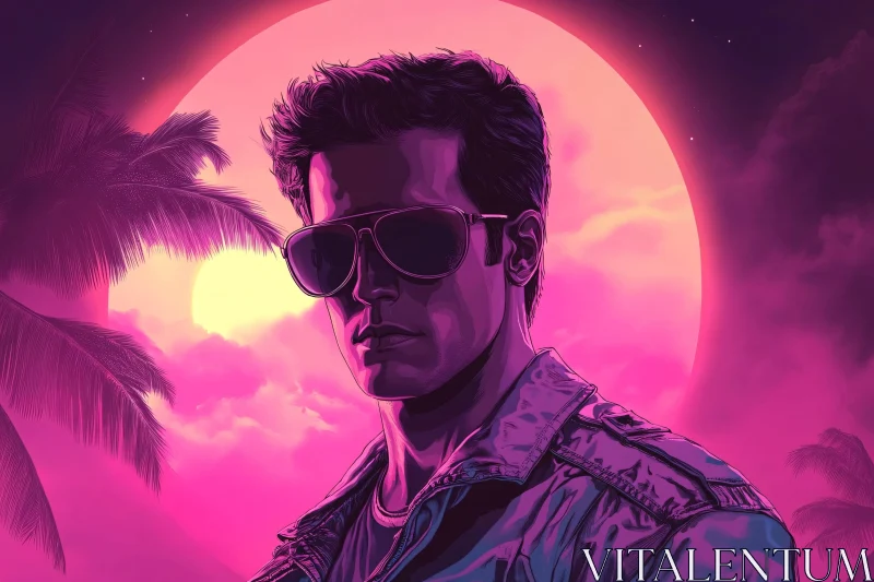 Man in Sunglasses before Neon Sunset AI Image