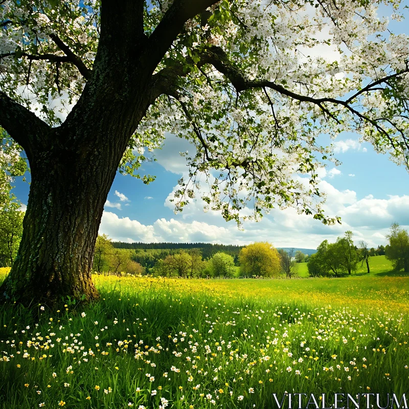 Spring Blossom Meadow Landscape AI Image