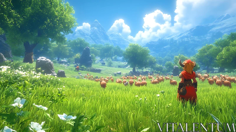 Pastoral Meadow with Character and Animals AI Image