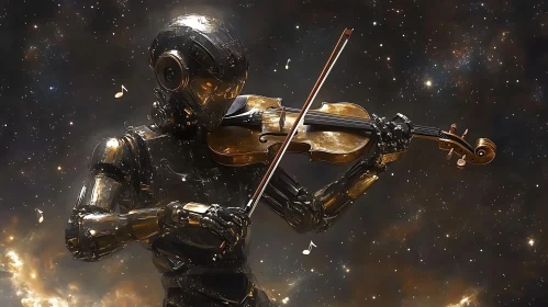 Futuristic Robot Violinist in the Cosmic Expanse