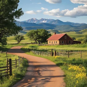 Idyllic Countryside Scene with House and Mountains