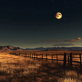 Rural Night Scene with Moon and Fence