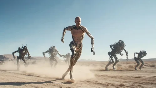 Robotic Figures Chase Scene in Desert