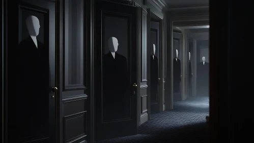 Monochrome Hallway with Mysterious Figures