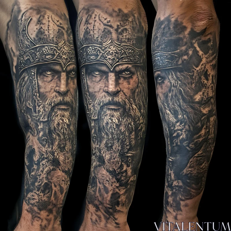 Detailed Bearded Warrior Forearm Tattoo AI Image