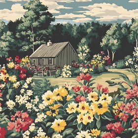 Floral Cabin Landscape Painting