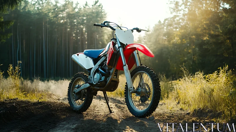 Red Dirt Bike on Forest Trail AI Image