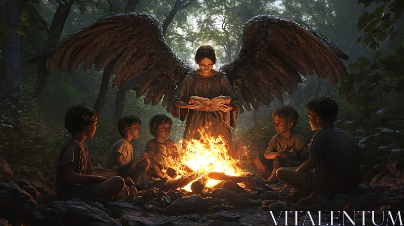 AI ART Guardian Angel Reading by the Campfire