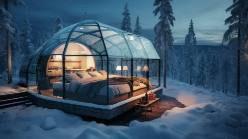 Glass Bed Cabin in Icy Forest: A Photorealistic Rendering