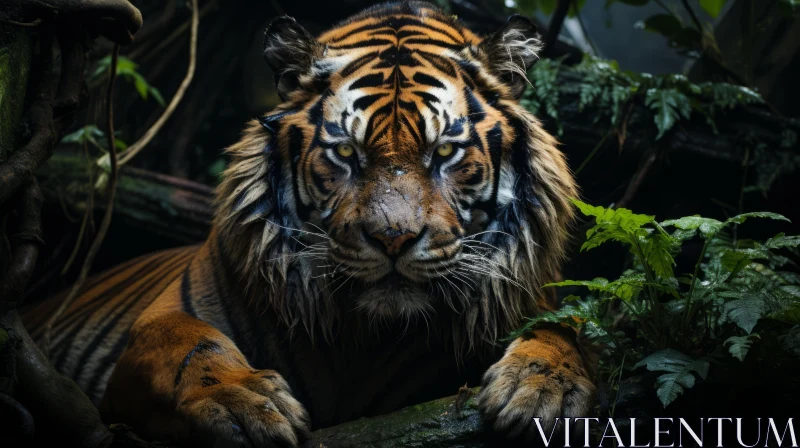 Intense Tiger Portrait in a Dark Forest AI Image