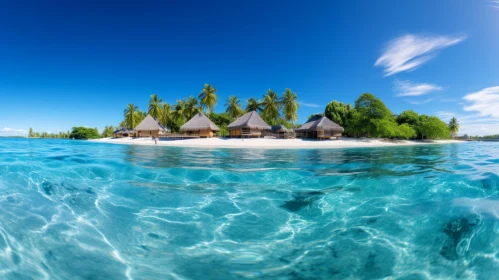 Underwater Exotic Landscape with Thatched Huts and Beach Panorama