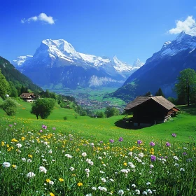 Alpine Scenery: Flower Meadow and Snowy Mountains