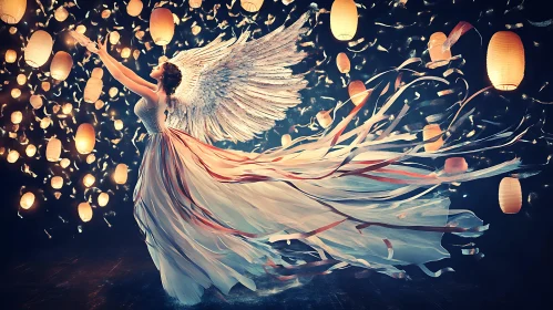 Winged Angel Surrounded by Glowing Lanterns