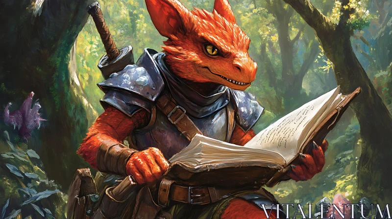 Armored Dragon Reading in the Woods AI Image