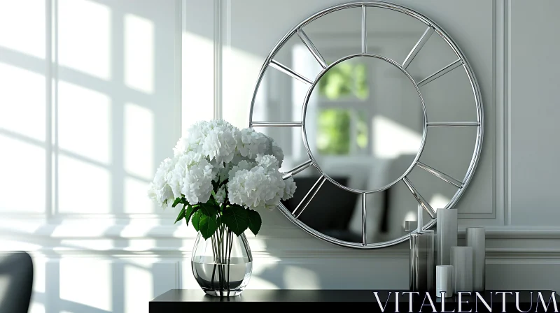 AI ART White Hydrangeas and Round Mirror Home Decor