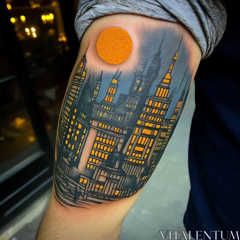 Illuminated City Skyline Tattoo AI Image