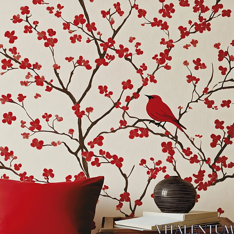 AI ART Crimson Bird Among Floral Branches