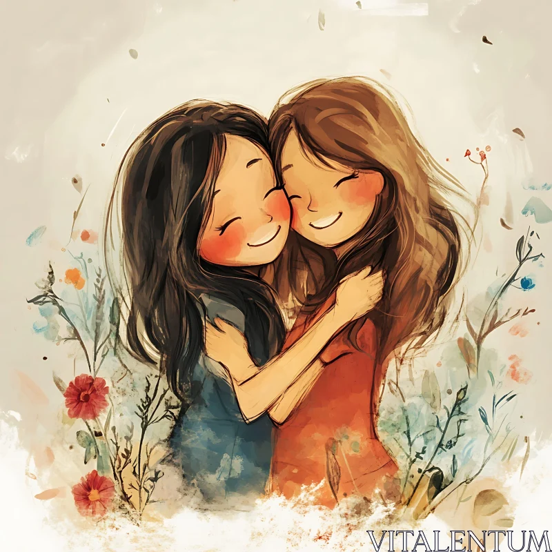 Illustration of Two Girls Hugging AI Image