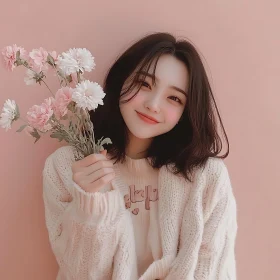Girl Holding Flowers in Pink Setting