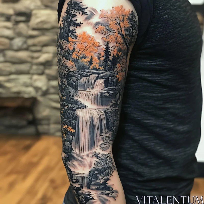 Waterfall and Forest Arm Tattoo AI Image