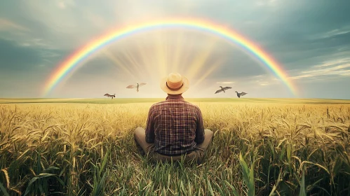 Man Meditating Under Rainbow in Field