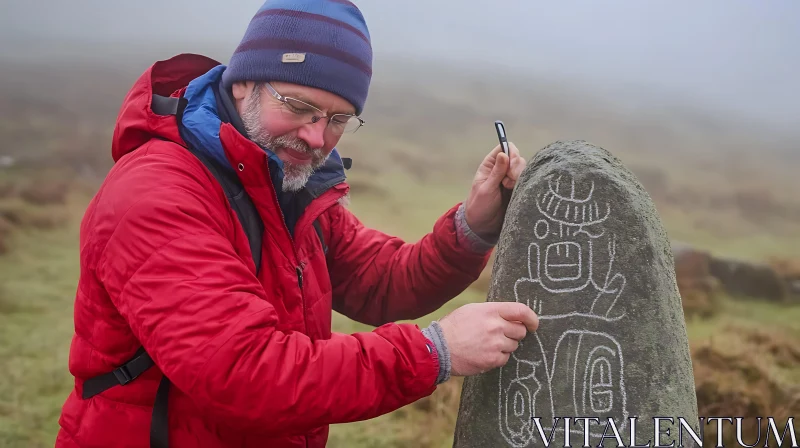 Ancient Rock Engravings Analyzed by Man in Red Jacket AI Image