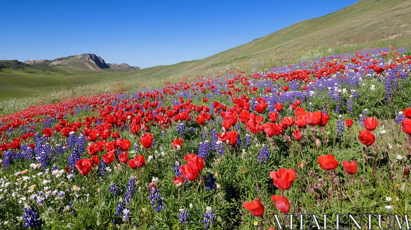 Colorful Flower Field with Rolling Hills AI Image