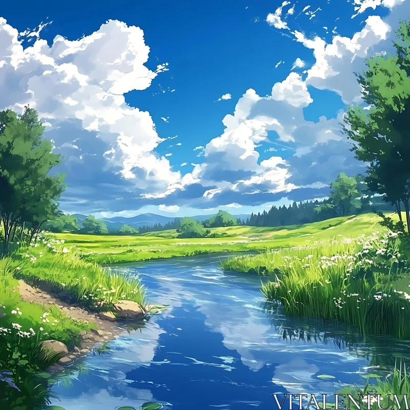 AI ART Scenic River Flowing Through Green Field