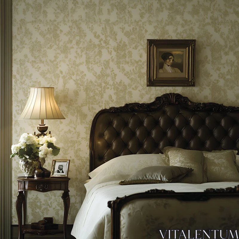 Classic Bedroom with Floral Wallpaper AI Image