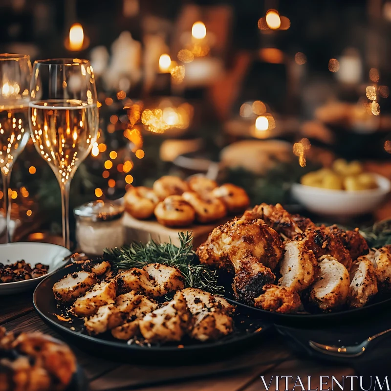 AI ART Gourmet Celebration: Champagne and Roasted Chicken