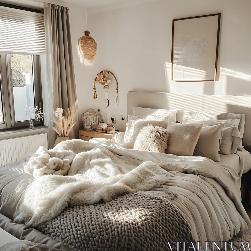 Sunlit Bedroom with Plush Bedding AI Image