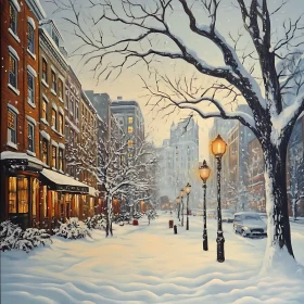 Snowy Urban Landscape with Street Lamps