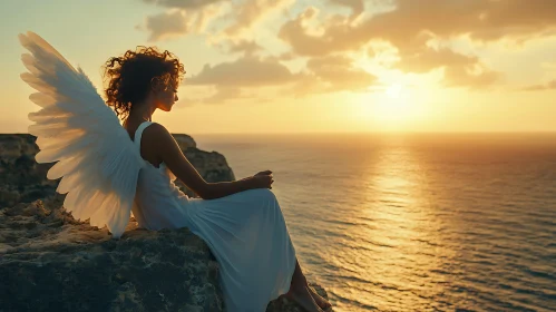 Winged Woman Contemplating Ocean View