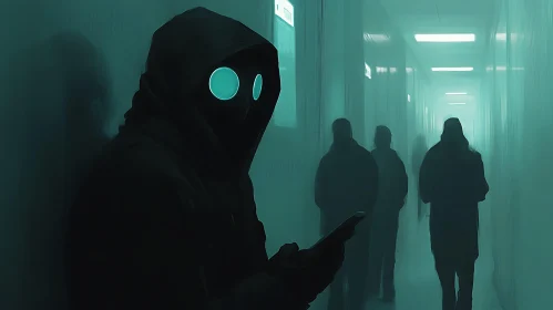 Mysterious Figure in Dark Futuristic Hallway