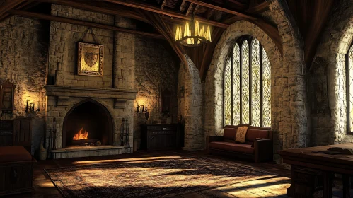 Interior of a Stone Room with Fireplace