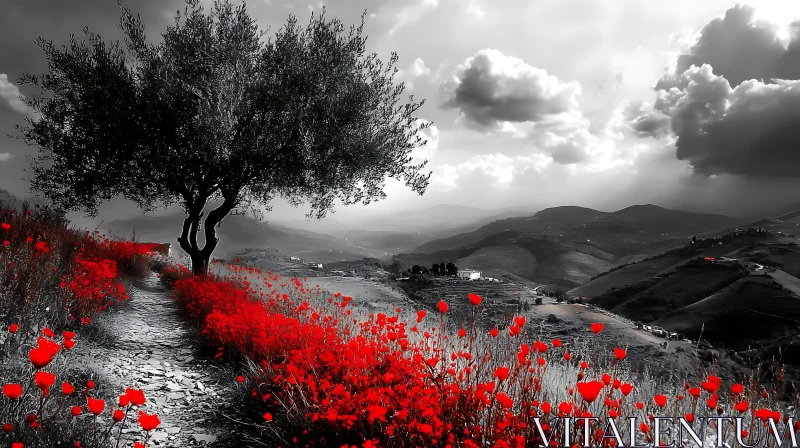 Red Flowers in Monochrome Dreamscape AI Image