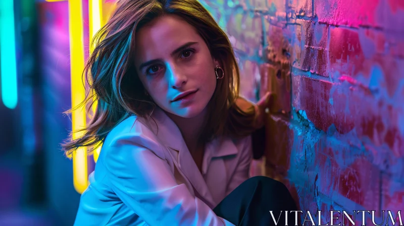 AI ART Emma Watson Against Neon-Lit Brick Wall