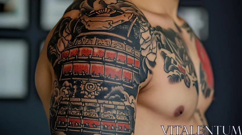 Detailed Japanese Tattoo on Man's Shoulder AI Image