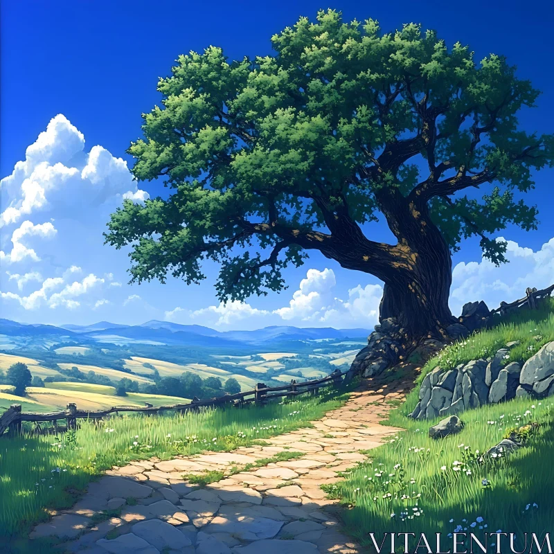 Scenic Vista: Tree, Path, and Rolling Hills AI Image