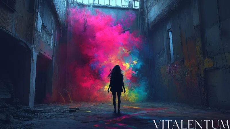 Silhouette in Colorful Abandoned Room AI Image