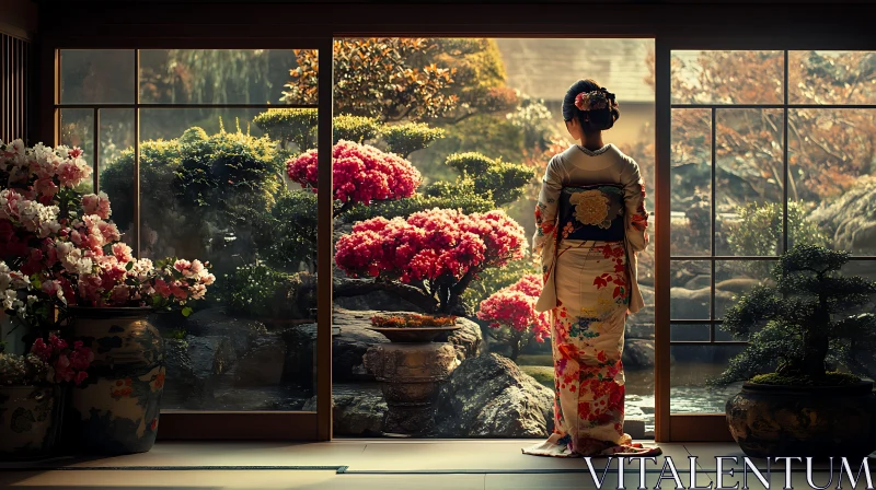 Serene Gaze: Woman and Japanese Garden AI Image