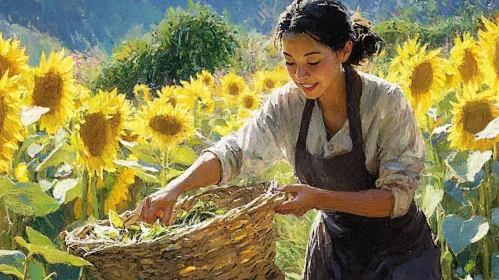 Woman Harvesting Sunflowers in Summer