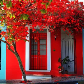 Red Facade with Floral Canopy