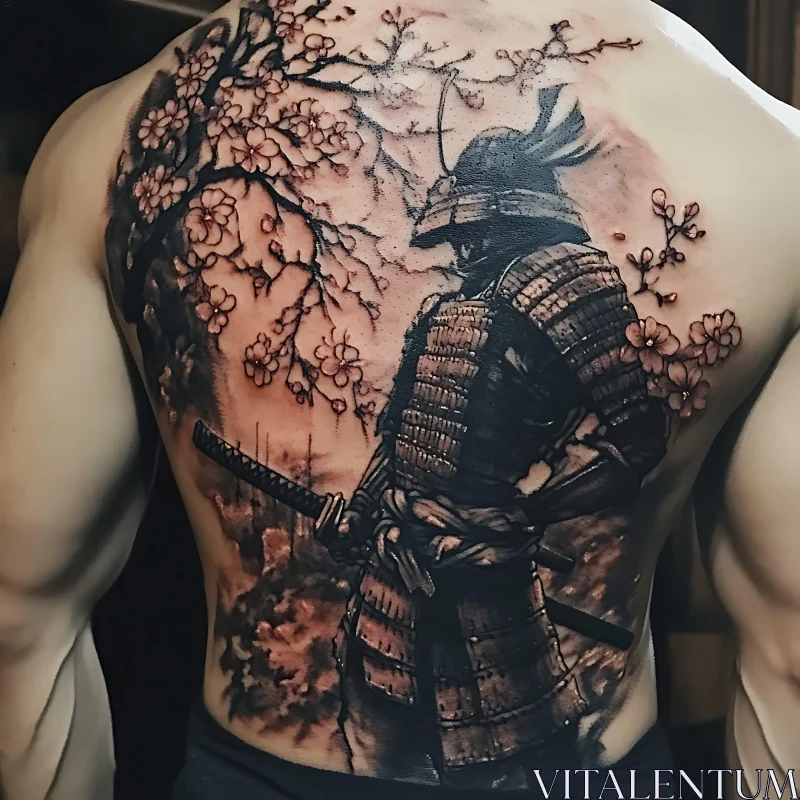 Samurai and Cherry Blossoms Backpiece Tattoo AI Image