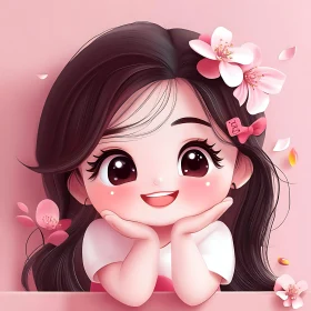 Sweet Cartoon Girl with Floral Adornments