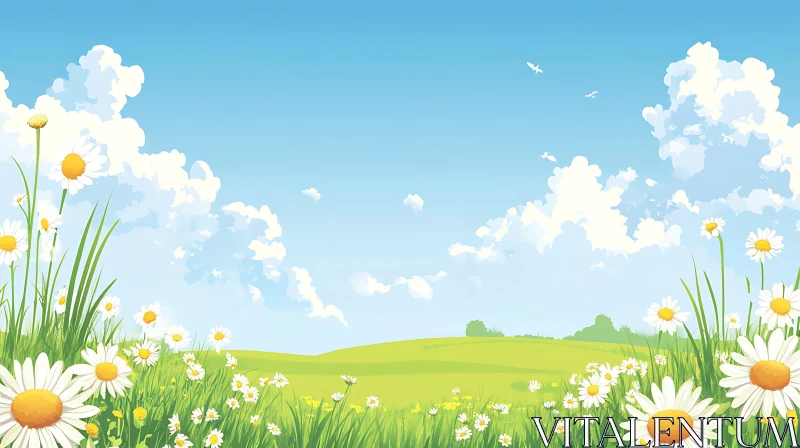 Field of Daisies and Blue Sky AI Image