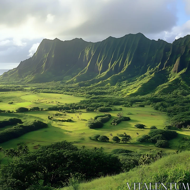 AI ART Lush Valley Under Mountain Peaks