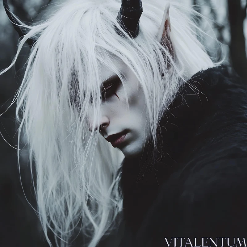 AI ART Horned Pale Elf in Dark Attire